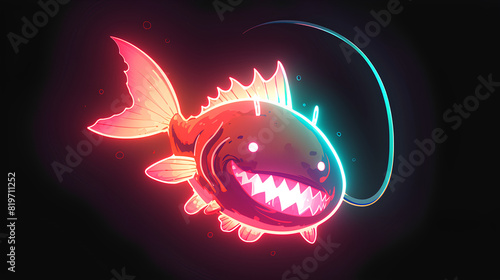 cute kawaii red lamp anglerfish on black background