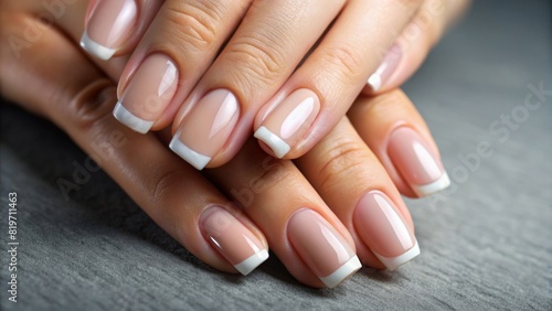 A beautiful woman s hand with a perfect French manicure in a closeup photo of the nail on a gray background