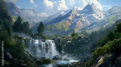 A serene mountain landscape with a pristine waterfall cascading down a rocky slope.