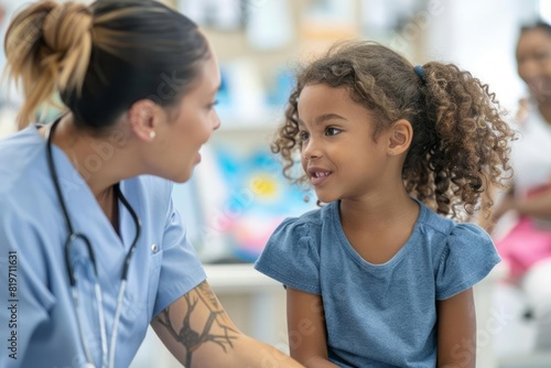 A tender moment as a speech therapist patiently listens to a little girl speak with a supportive and encouraging expression