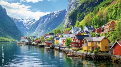 Picturesque Village and Sea View Amid Norwegian Mountains 