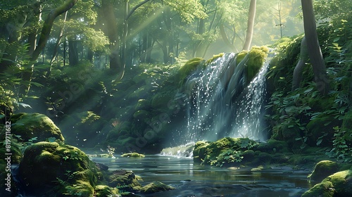 A tranquil forest scene with a small waterfall trickling down a mossy rock face.