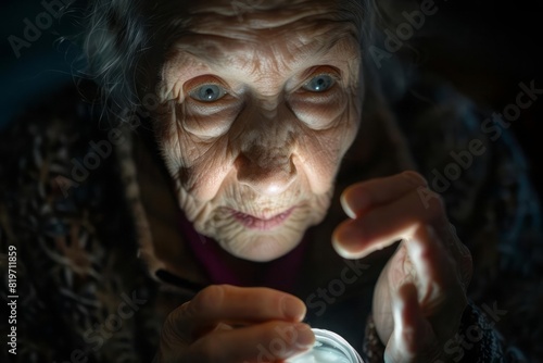 An elderly woman reaching for a bottle of pain relief meds for her hand with her face reflecting hope for relief