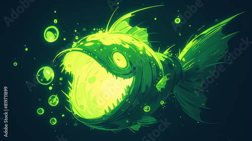 cute kawaii green lamp anglerfish on black background