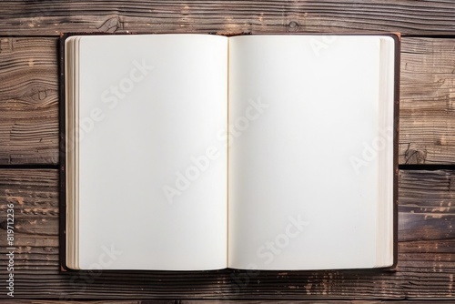 An open book with blank white pages the overhead view capturing the elegance of simplicity on a polished wooden background photo