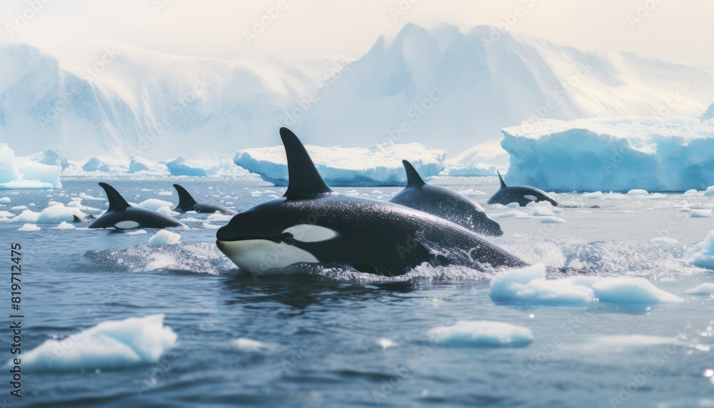 Fototapeta premium Groups of Orcas or killer whales swim and hunt for prey, the top of the food chain in a sea of ​​ice floes