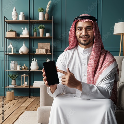 A Saudi character young man holding a phone sitting in the armchair on home