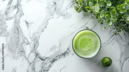 Revitalize Your Morning Routine with Cold-Pressed Green Juice on a Stylish Marble Countertop. Healthy Breakfast Concept. 