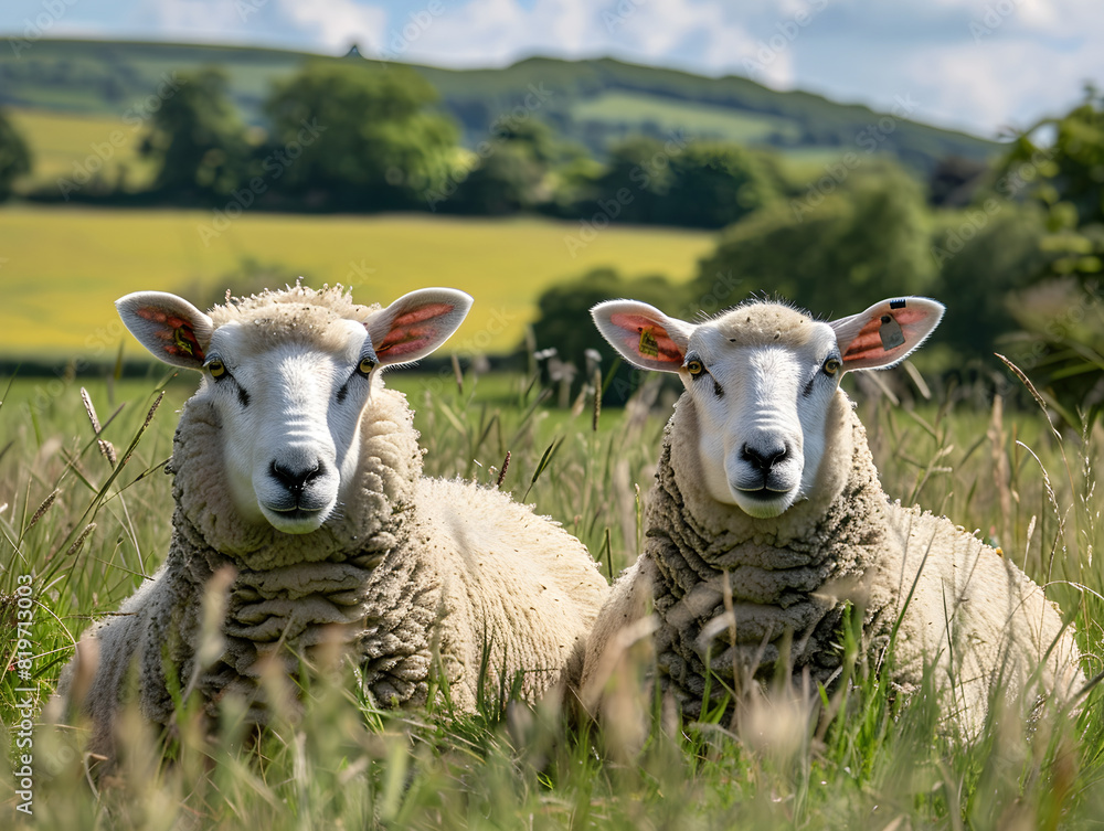 Peaceful Sheep Relaxing in Lush Verdant Field Framed by Tall Grass with Rolling Hills and Partly Cloudy Sky - Idyllic Countryside Landscape Capturing Pastoral Tranquility and Rural Serenity in Soft Peaceful Sheep Relaxing in Lush Verdant Field Framed by Tall Grass with Rolling Hills and Partly Cloudy Sky - Idyllic Countryside Landscape Capturing Pastoral Tranquility and Rural Serenity in Soft