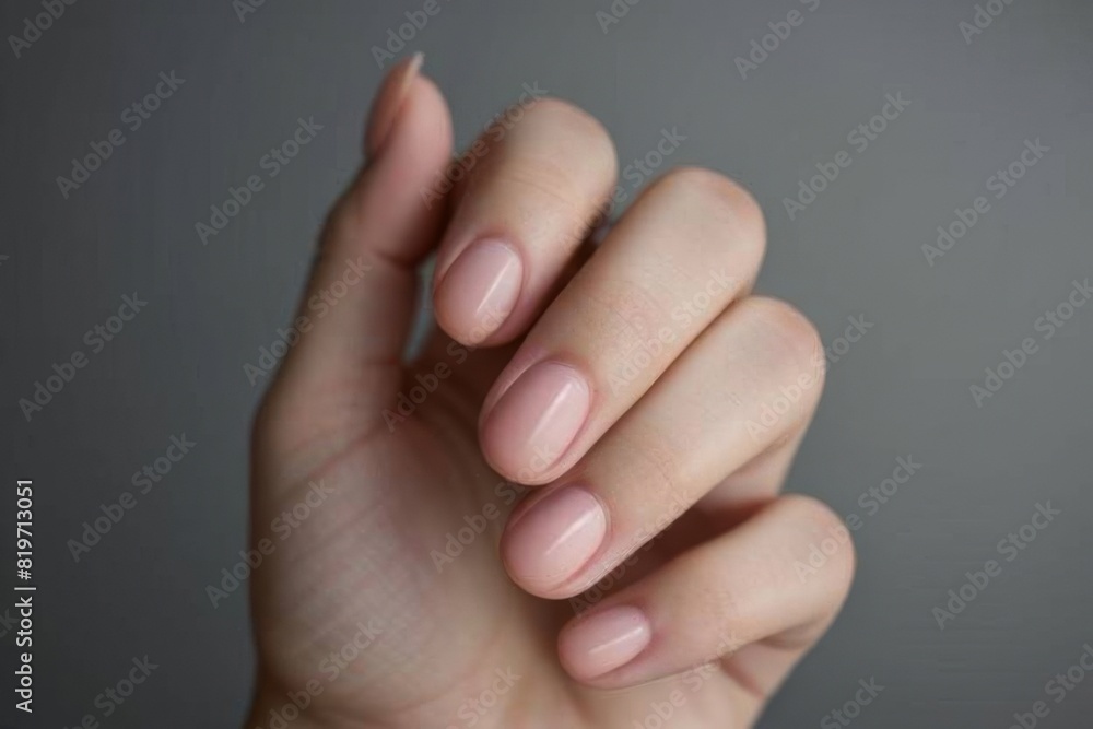 A beautiful woman's hand with a perfect French manicure in a closeup photo of the nail on a gray background A beautiful woman's hand with a perfect French manicure in a closeup photo of the nail on a gray background