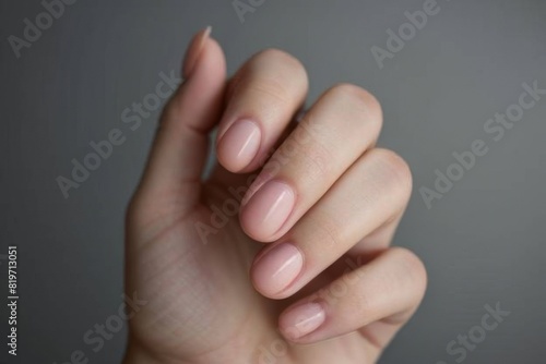A beautiful woman's hand with a perfect French manicure in a closeup photo of the nail on a gray background