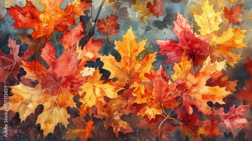 watercolor Red and yellow maple leaves in autumn.