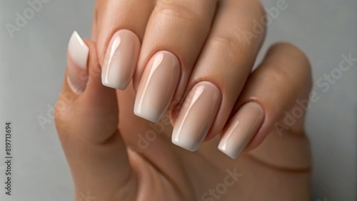 A beautiful woman s hand with a perfect French manicure in a closeup photo of the nail on a gray background
