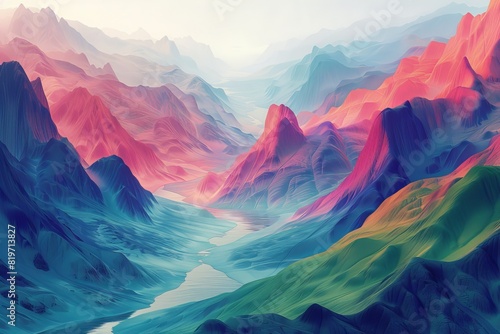 Surreal vibrant landscape with colorful mountains and a river flowing through the valley. Abstract digital artwork perfect for backgrounds and inspiration.