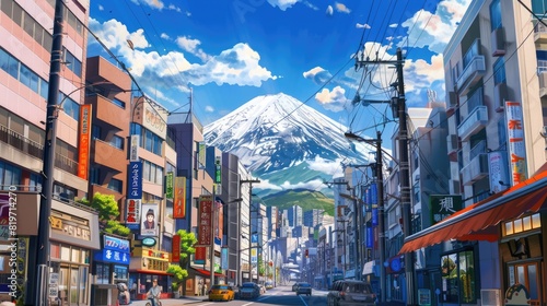 Scenic view of Mount Fuji from a bustling cityscape, illustrated in vibrant and captivating anime style with detailed urban elements
 #819714270