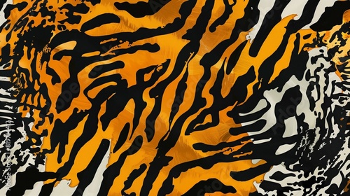 Abstract vibrant pattern with mix of zebra and tiger stripes and leopard spots. Colorful illustration. Print design. 