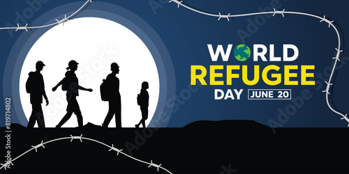 World Refugee Day. People, earth, moon and more. Great for cards, banners, posters, social media and more. Blue background.