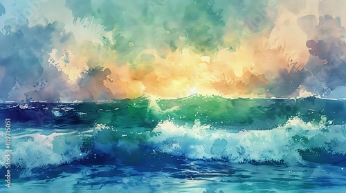 watercolor The image shows a beautiful watercolor painting of a beach with a rough sea