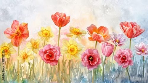 watercolor The image shows a field of red and yellow flowers. The flowers are in bloom and the petals are delicate. The background is a soft green. The image is peaceful and serene.