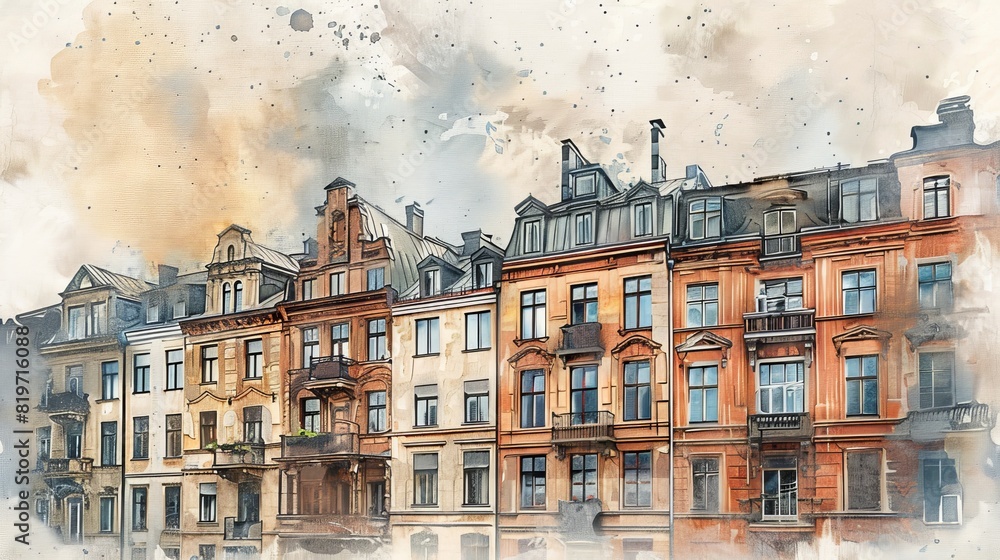 Fototapeta premium watercolor The watercolor painting shows a row of old European-style buildings with their characteristic features.