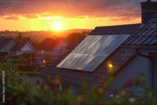 Solar panels installed on a roof, sunset sky - 3D 4k animation. Beautiful simple AI generated image in 4K, unique. photo