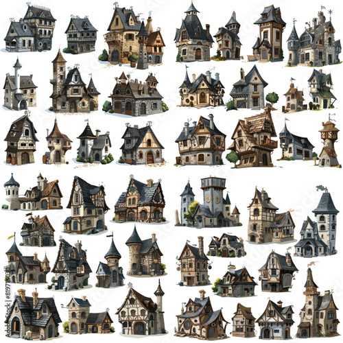 Four Views of an old fashioned house over white