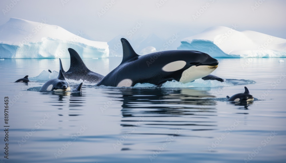 Fototapeta premium Groups of Orcas or killer whales swim and hunt for prey, the top of the food chain in a sea of ​​ice floes