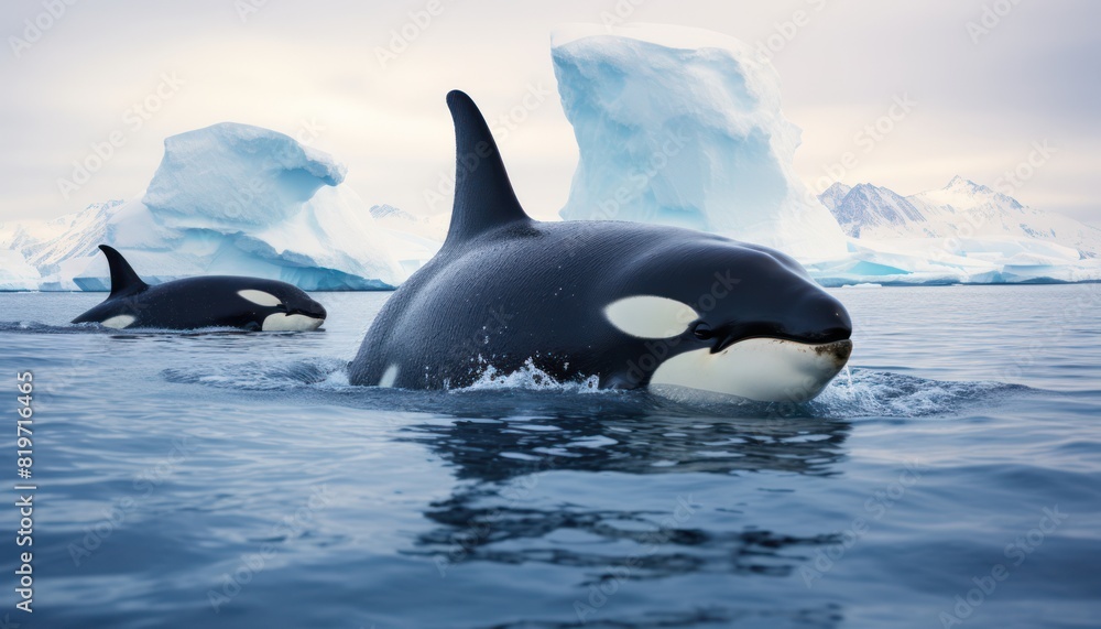 Obraz premium Groups of Orcas or killer whales swim and hunt for prey, the top of the food chain in a sea of ​​ice floes
