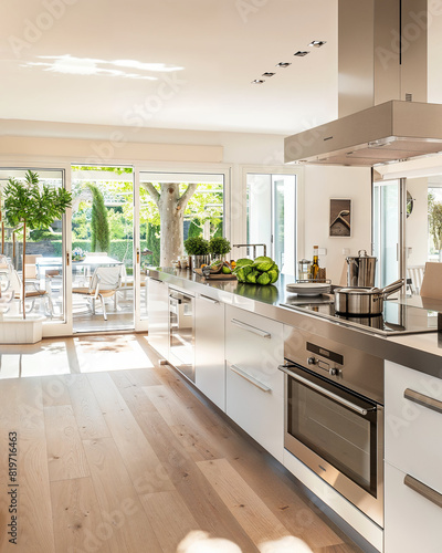 modern kitchen with stainless steel island, glass top and white cabinets in the style of architectural digest
