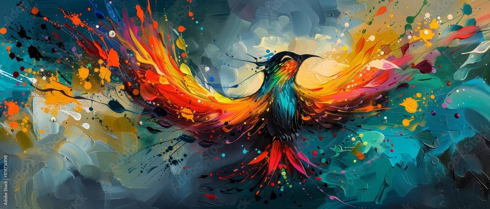 Vibrant painting of a colorful bird soaring, wings spread wide, surrounded by an explosion of bright hues and abstract splashes. Vibrant painting of a colorful bird soaring, wings spread wide, surrounded by an explosion of bright hues and abstract splashes.