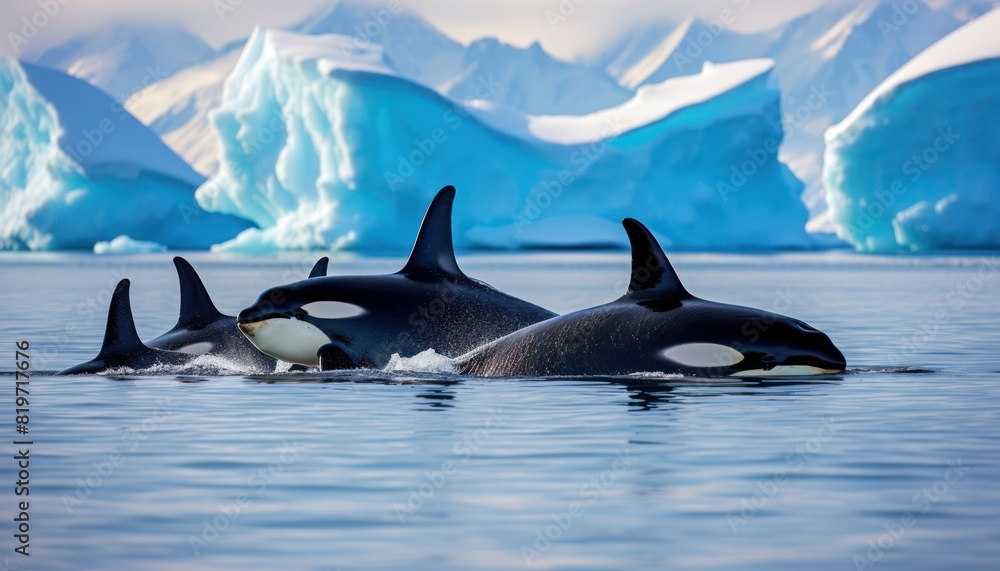 Obraz premium Groups of Orcas or killer whales swim and hunt for prey, the top of the food chain in a sea of ​​ice floes