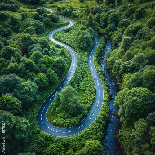 Drone aerial view - windy road in summer Please provide high-resolution