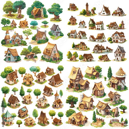 Beautiful hand-drawn medieval village houses with rustic charm and fairytale aesthetics. Ideal for fantasy art, game design, and creative architectural inspiration.