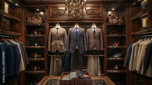 Timeless elegance: Men's suits showcased in a high-end boutique, embodying the essence of men's fashion, luxury retail display, and sophisticated style
 photo