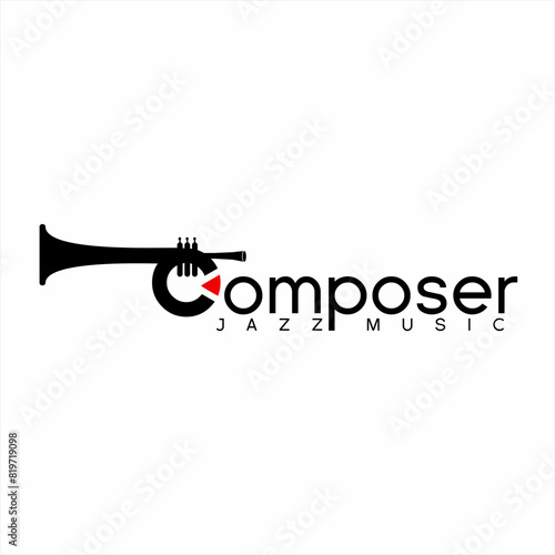 Composer jazz music word design with illustration of trumpet symbol on letter C.