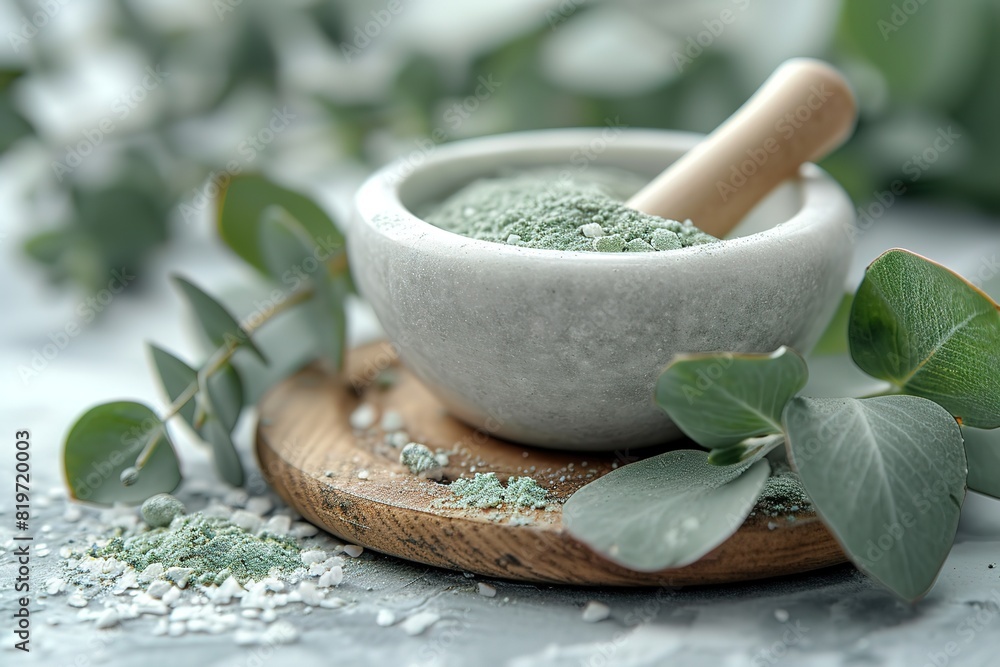 Eucalyptus leaves and white mortar, pestle Ingredients for alternative medicine and natural cosmetics Beauty, spa concept Eucalyptus leaves and white mortar, pestle Ingredients for alternative medicine and natural cosmetics Beauty, spa concept