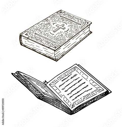 Bible hand drawn illustration. Retro sketches isolated. Collection of vintage gipsters. Hand drawn bible or book with christian cross. Closed and open books. Sketch