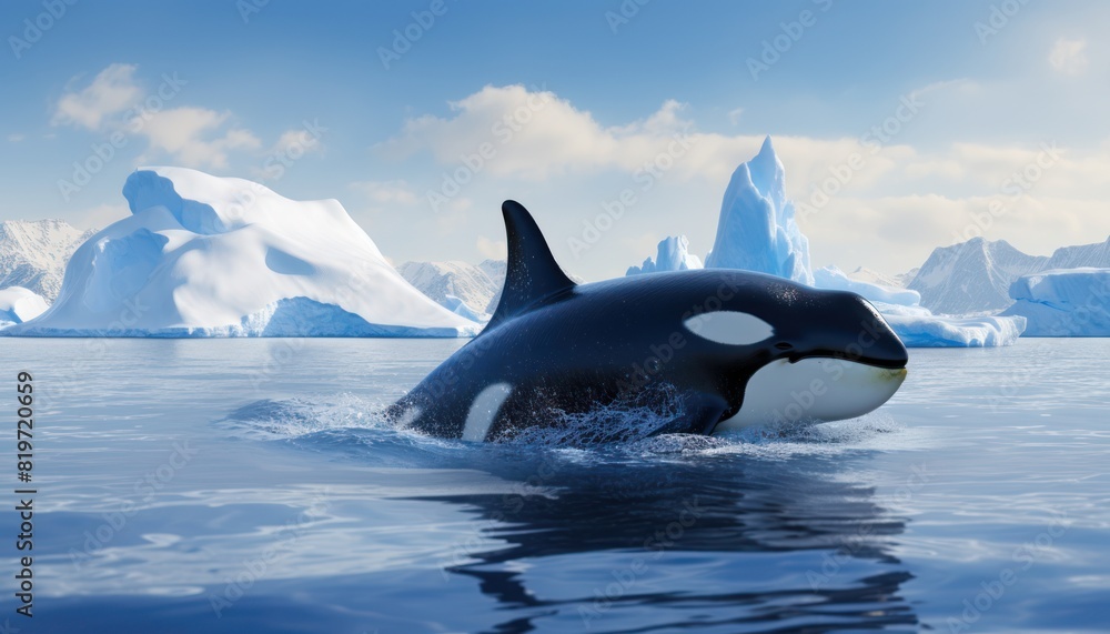 Groups of Orcas or killer whales swim and hunt for prey, the top of the food chain in a sea of ice floes Groups of Orcas or killer whales swim and hunt for prey, the top of the food chain in a sea of ice floes