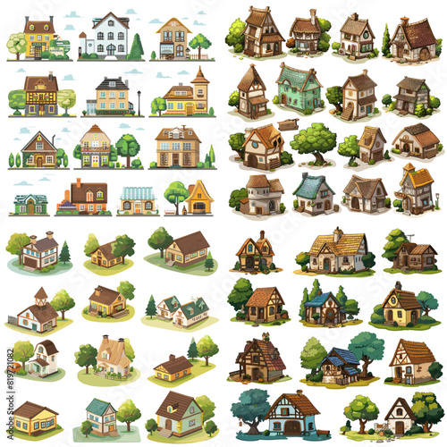 Charming village houses with cozy designs and lush surroundings. Perfect for game development, architectural inspiration, and digital illustrations.

