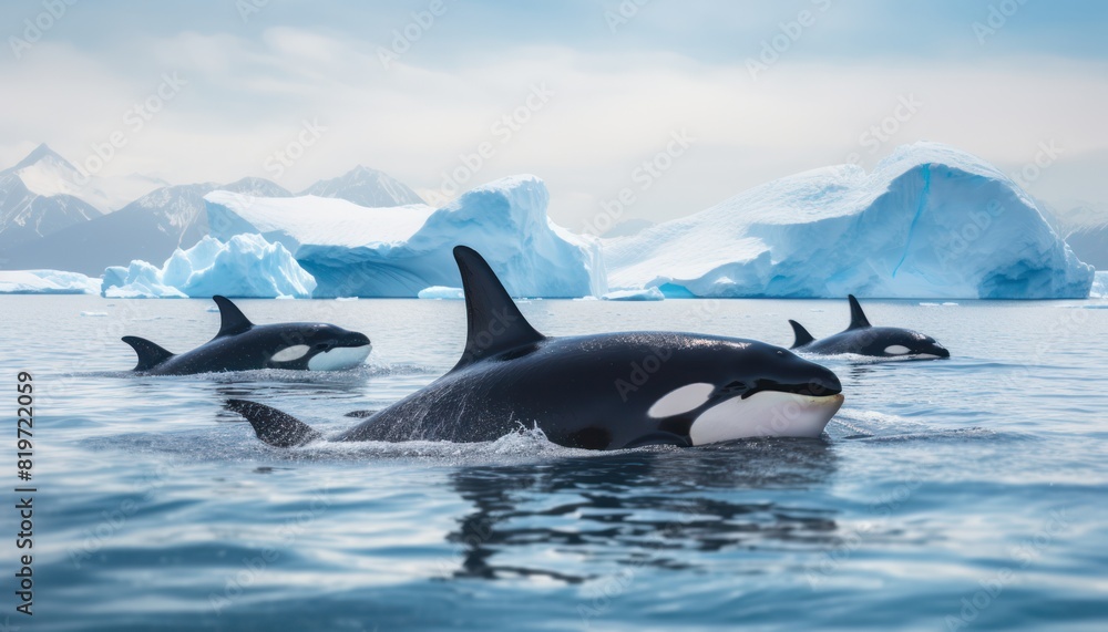 Groups of Orcas or killer whales swim and hunt for prey, the top of the food chain in a sea of ​​ice floes