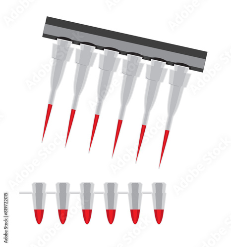 Medical equipment. Multi channel pipette loading biological samples in microplate for test in the laboratory. Medical tests. Multichannel pipette load samples in pcr microplate