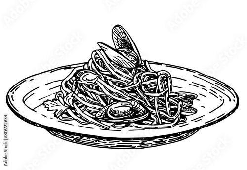 Seafood Pasta. Italian pasta sketch. Mussel pasta on a plate. Traditional sauce and spaghetti. Mediterranean Kitchen