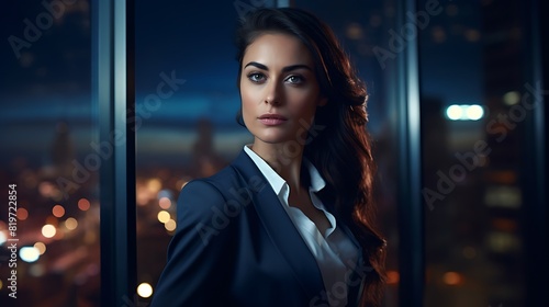 A striking portrait of a confident businesswoman, exuding strength and determination, against a backdrop of city lights shimmering through a window. © Ansar