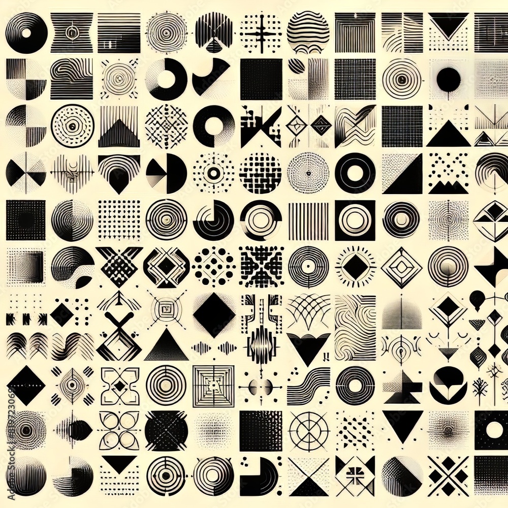 A Tapestry of Tessellations: A Meticulous Exploration of Black and White Geometric Forms  Illustrations vector Generative Ai