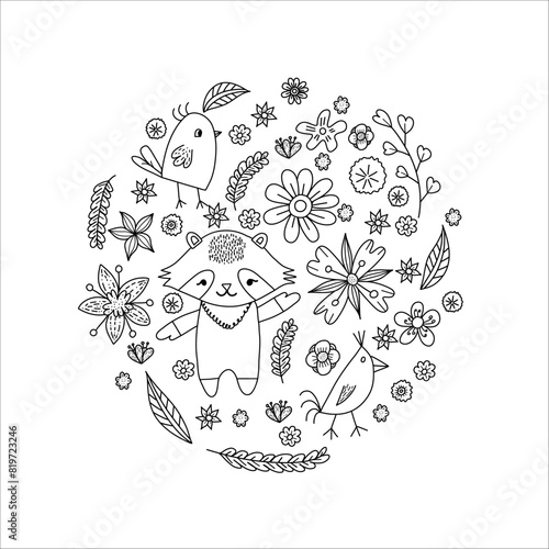 Cute circle card raccoon, birds and flowers
