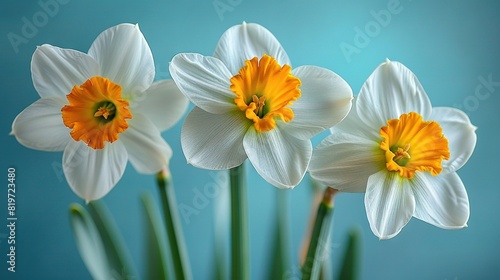  White and yellow flowers in green stems against a blue background with a blue sky