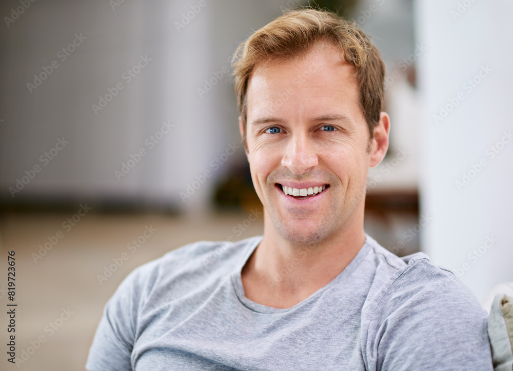 Man, portrait and relax in home for peace, calm and comfortable on weekend in living room. Happy male person, confident and morning in apartment, health and wellness by resting on sofa in pyjamas Man, portrait and relax in home for peace, calm and comfortable on weekend in living room. Happy male person, confident and morning in apartment, health and wellness by resting on sofa in pyjamas