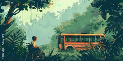 a bus in the middle of a jungle in the background and a boy sitting in a wheelchair in the foreground photo
