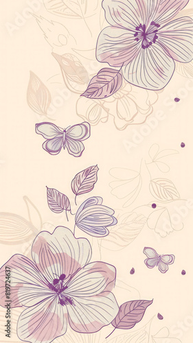 A flowery design with butterflies and leaves with purple and soft beige colors