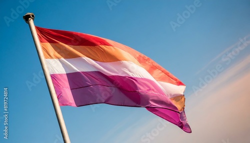 lesbian flag flutters against blue sky, lgbt pride month